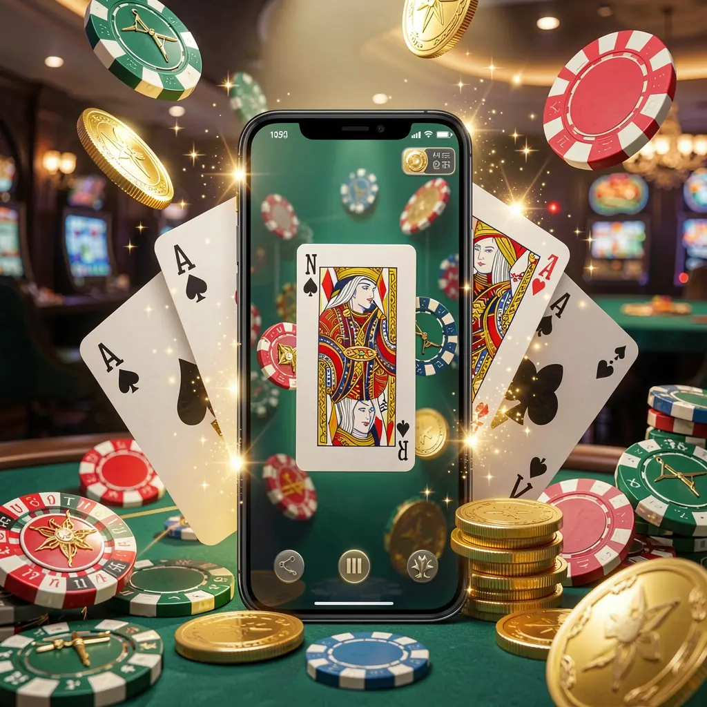 88 KITA mobile gaming application concept featuring a smartphone surrounded by playing cards, roulette chips, gold coins, and sparkling lights in a premium casino style