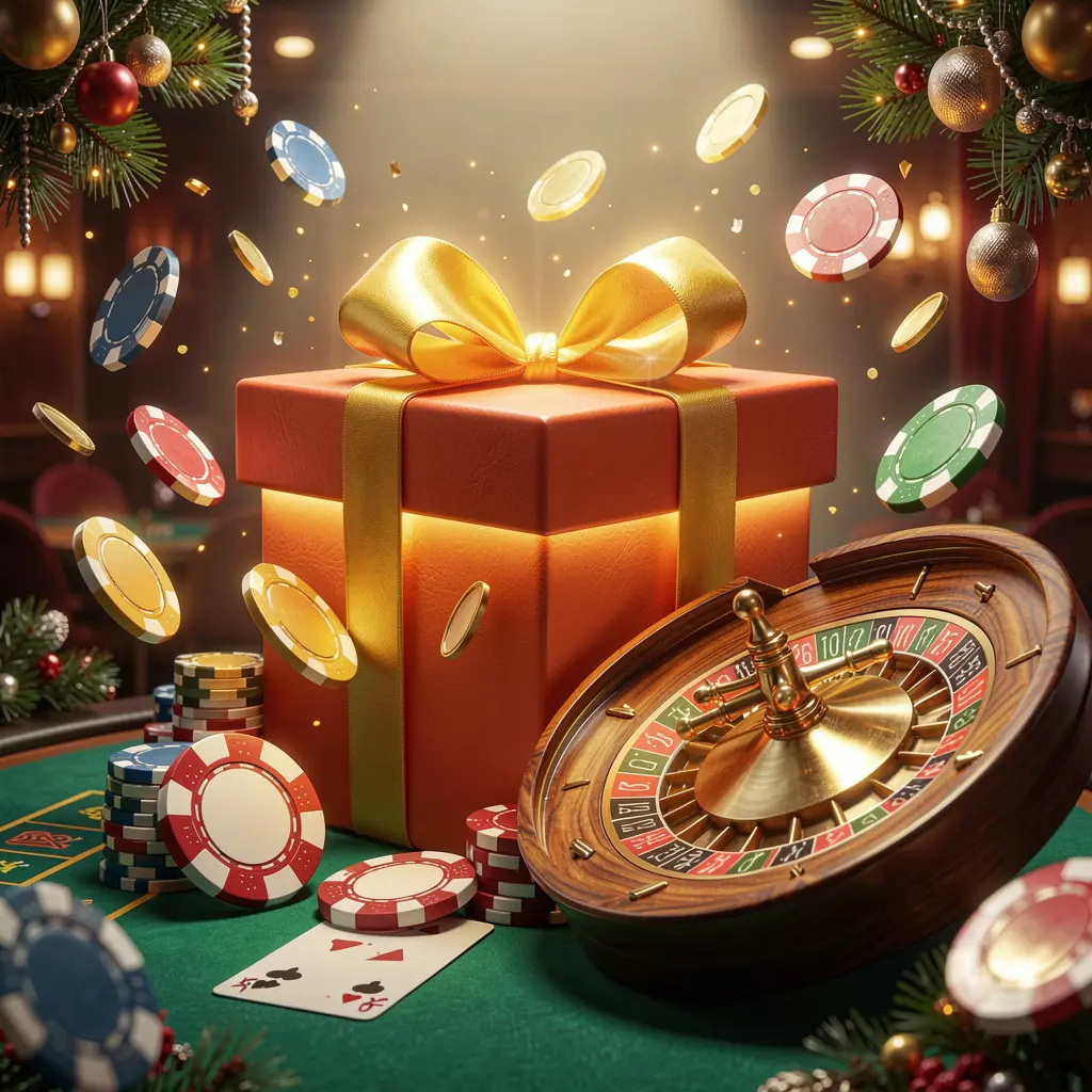 88 KITA welcome bonus visual featuring a glowing gift box, roulette wheel, poker chips, and flying coins in a festive casino atmosphere with cinematic lighting and high detail