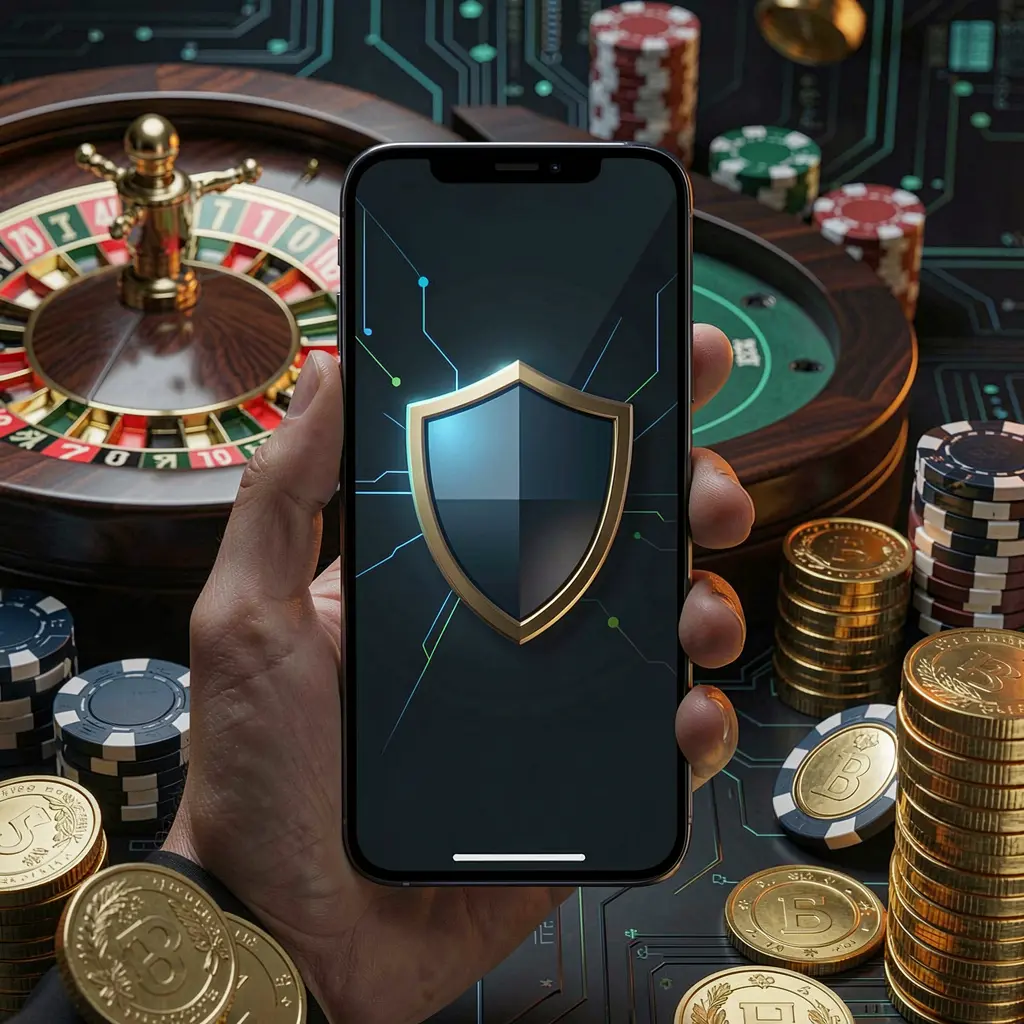 Secure mobile casino access on phone screen with shield icon, roulette wheel, poker chips, and golden coins in a dark cyber luxury atmosphere featuring 88 KITA branding