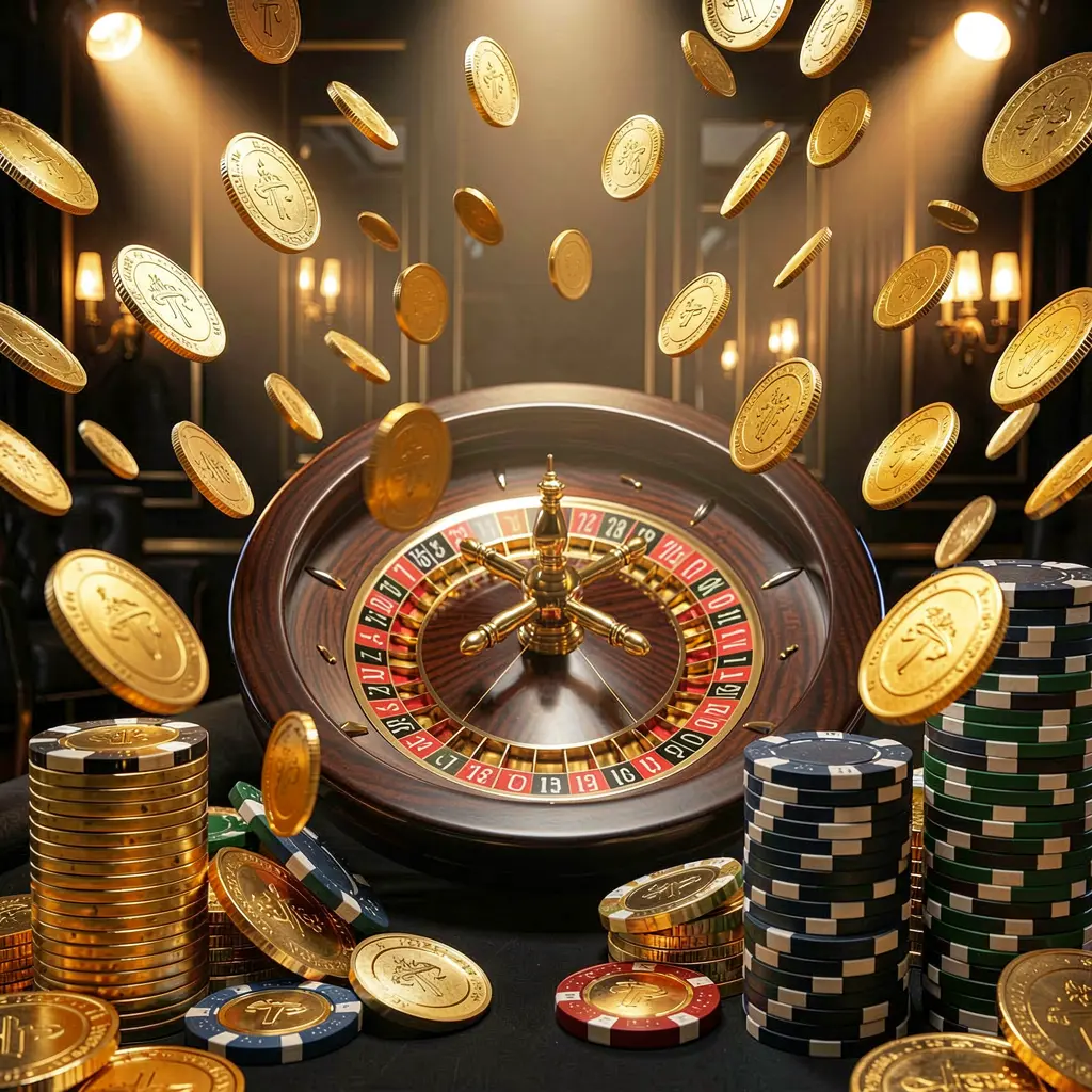 88 KITA online casino main page background featuring dramatic casino lights, golden coins flying, stacked poker chips in the foreground, and a roulette wheel behind in a luxury black and gold atmosphere